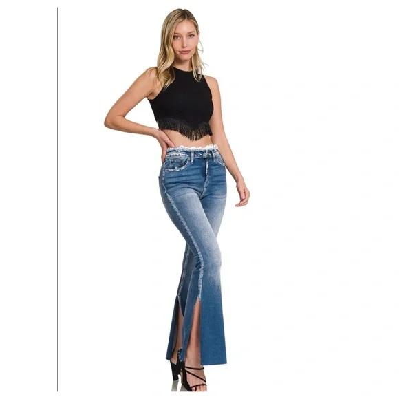 $15 start 91 ๐ FRAYED EDGED WAIST FLARE DENIM JEANS WITH SIDE
SLITS - Picture 3 of 6